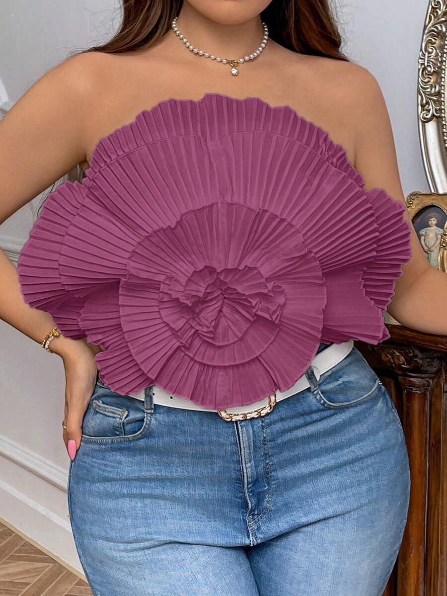 SHEIN Privé Blusa ajustada con pliegues de talla grande, adecuada para vacaciones, citas, fiestas, playa, primavera/verano - Morado - Ver 1