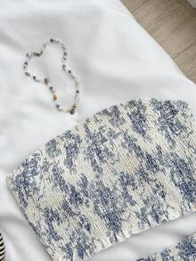 SHEIN Kids Summer Outfits  Squishy Teen Girls Landscape Painting Blue & White Print Tube Top Woven Tight Cropped Camisole Top With High Waist Layered Ruffle Hem Cake Skirt Vacation Casual Outfit Set Two Piece Set Summer Teen Skirt Two Piece Set Linen Two Piece Set Girls Dress Two Piece Preppy Two Piece Set - Blue and White - View 3