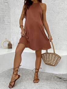 SHEIN Rochie de maternitate casual, cu imprimeu halter, la modă, în culoare solidă - Lemn rosu - Vizualizare 5