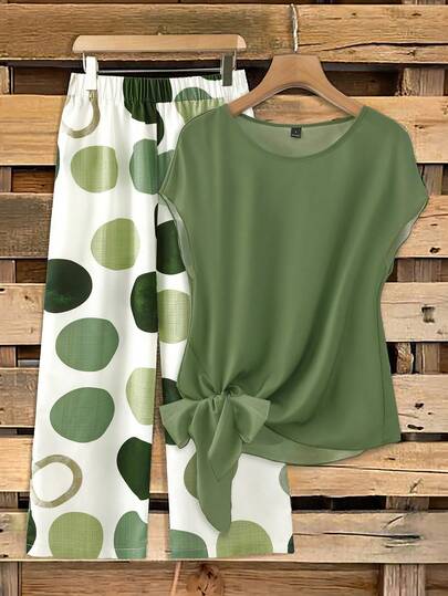 SHEIN Clasi 2pcs/Set Women's Casual Green Bow Tie Shirt And Loose Straight Geometric Print Pants Set, Suitable For Spring/Summer, Vacation, Outing, Everyday Wear