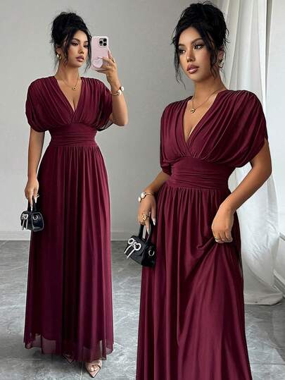 SHEIN Elenzya 女士弹力网纱面料连衣裙，内衬弹力面料，腰部褶裥设计，可调节腰围，A字廓形，短袖，后背蝴蝶结系带，防滑肩部，及踝长裙，安哥拉红，优雅法式复古风，适合通勤、商务、度假、休闲、百搭、下午茶、派对等场合，春夏新品