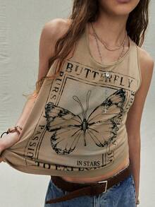 SoleilVie 女士新款圆领无袖蝴蝶文字印花扭结露背修身露脐上衣蝴蝶图案吊带背心女式吊带背心夏季服装吊带背心夏季吊带背心 - 卡其色 - 查看 1