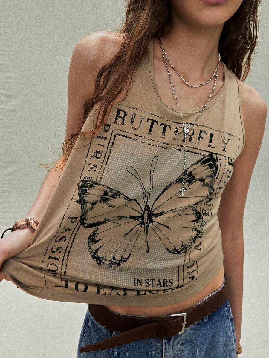 SoleilVie 女士新款圆领无袖蝴蝶文字印花扭结露背修身露脐上衣蝴蝶图案吊带背心女式吊带背心夏季服装吊带背心夏季吊带背心 - 卡其色 - 查看 1