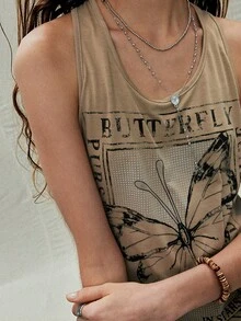 SoleilVie 女士新款圆领无袖蝴蝶文字印花扭结露背修身露脐上衣蝴蝶图案吊带背心女式吊带背心夏季服装吊带背心夏季吊带背心 - 卡其色 - 查看 6