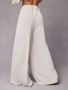 Hauture 女士日常休闲简约优雅梭织阔腿弹力后腰长裤 - 米色 - 查看 5