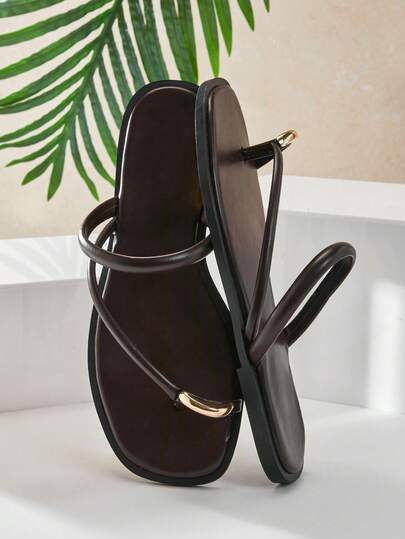 SHUZIA Glamorous Ladie's Chocolate Faux Leather Pu Gold Toe Ring-Loop, Flat Sandal Non-Slip Stylish Comfort Open Toe Spring Summer Chic Holiday Beach Wear Shoes