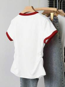 Tween Girls 3D Heart Colorblock Ruched Waist Short Sleeve T-Shirt Tops - White - View 2