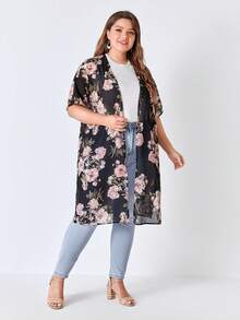 EMERY ROSE Plus Size Floral Print Drop Shoulder Chiffon Kimono Summer - Multicolor - View 4