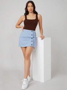 SHEIN BASICS Camiseta de tirantes de cuello cuadrado unicolor - Marrón - Ver 7