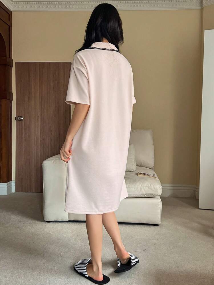 Loose Fit Contrast Trim Short Sleeve Nightgown Dress For Women, Sleepwear