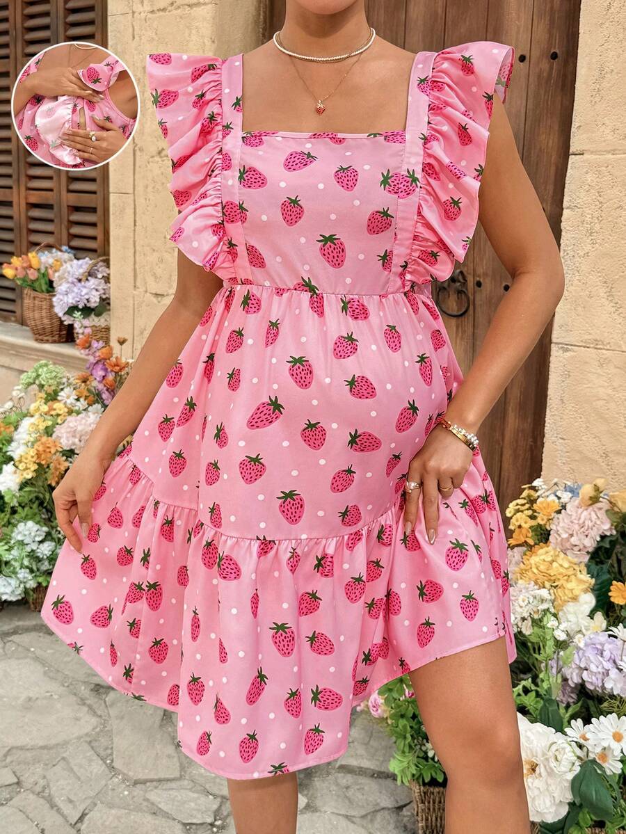 SHEIN Maternity Strawberry Print Flutter Sleeve Nursing Dress Summer Outfits  Vacation Outfits  Floral Dress Pink Dress - Pink - View 1