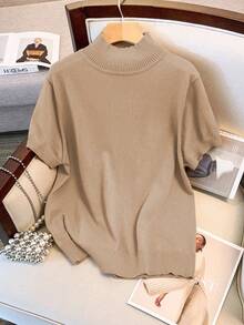 GlowEve CURVE Tight Fitting Slim Knitted Short Sleeve Pullover Sweater - Apricot - View 1