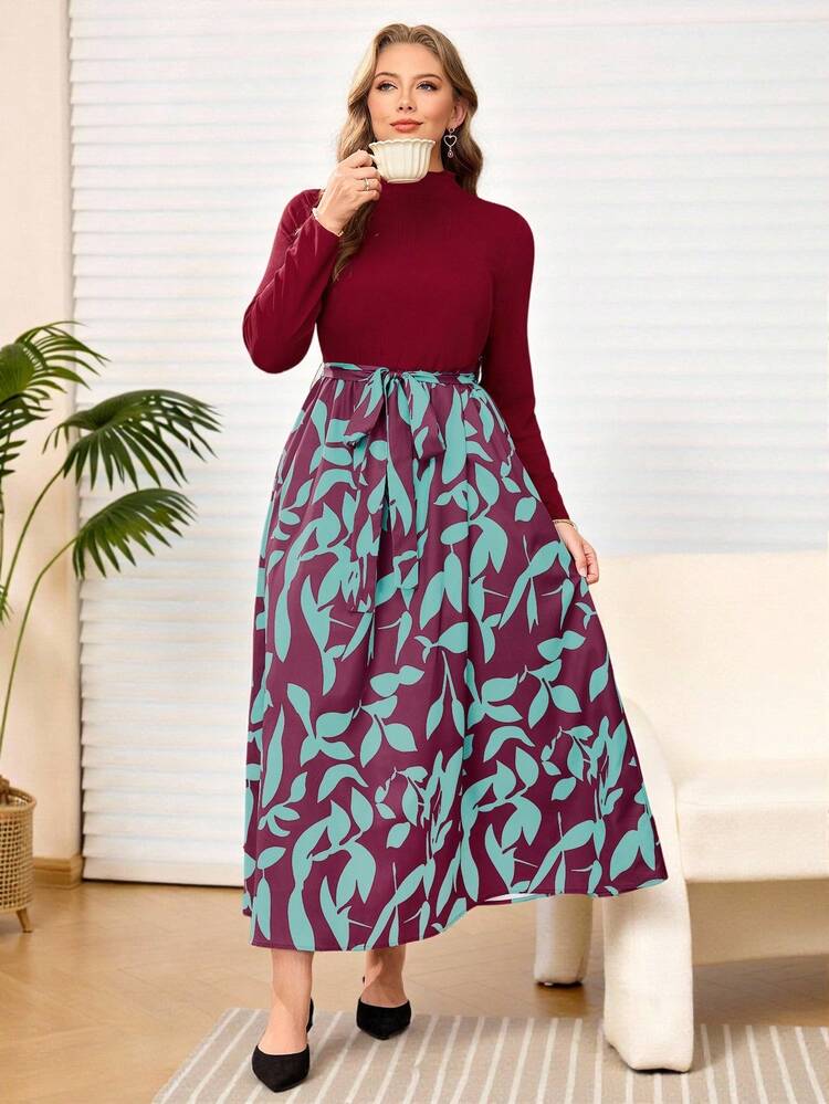 Plus Size Women's Summer  Casual Vacation Mandarin Collar Color Block Twist Waist Casual Midi Dress, Long Sleeve,Flower Print Dress,Early Spring,Spring Break Outfits ,Vacation Outfits Women ,Holiday Outfits For Women,Spring Dress Women,Going Out Outfits,2026 New Clothes,Simple And Fashionable For Everyday Wear, Long Sleeve Maxi Dress Women, Casual Long Dress, Plus Long Dress