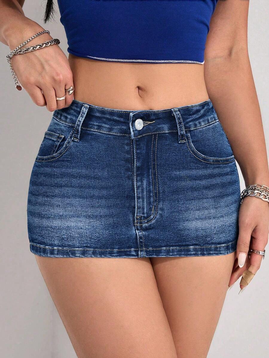 SHEIN PETITE 女士口袋紧身性感时尚牛仔迷你裙 - 深色水洗藍 - 查看 1