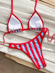 Swim Vcay Set Bikini Wanita Musim Semi/Panas Terbaru 2026, 2pcs/Set, Celana Bikini Segitiga Bergaris Motif Acak & Set Bikini Kasual untuk Liburan Pantai - MultiWarna - View 2