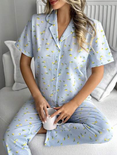 EURMUSE Women Cotton 2pcs Button Front Detail Contrast Colour Lemon Patterned Shirt& Long Pants Homewear Comfort Pajama Set Summer Pajama Set Comfy Button Up Pajamas Women Sleep Wear Women Summer Pajamas Set Comfy Pajamas Set