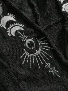 ROMWE Goth Hippie Star & Moon Embroidered Witch Hooded Shawl Collar Sheer Knit Top For Women - Black - View 4