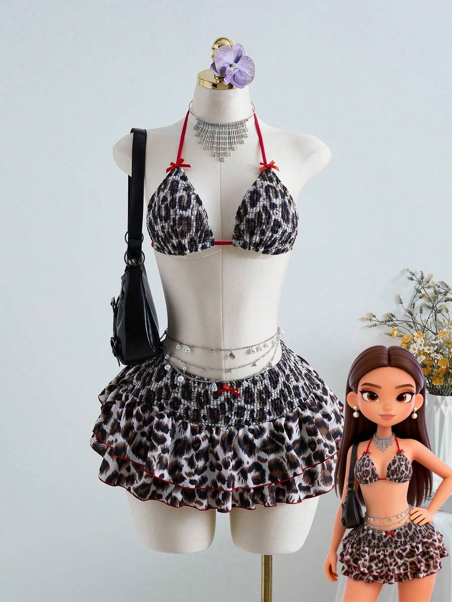 Elamini Bộ bikini 3 mảnh gợi cảm cổ điển lãng mạn họa tiết hoa dành cho nữ, kèm chân váy họa tiết da báo, thích hợp cho đi biển, hẹn hò, kỳ nghỉ. Bộ đồ bơi hai mảnh họa tiết da báo, thích hợp cho ngày Valentine. - Nhiều màu - Xem 1