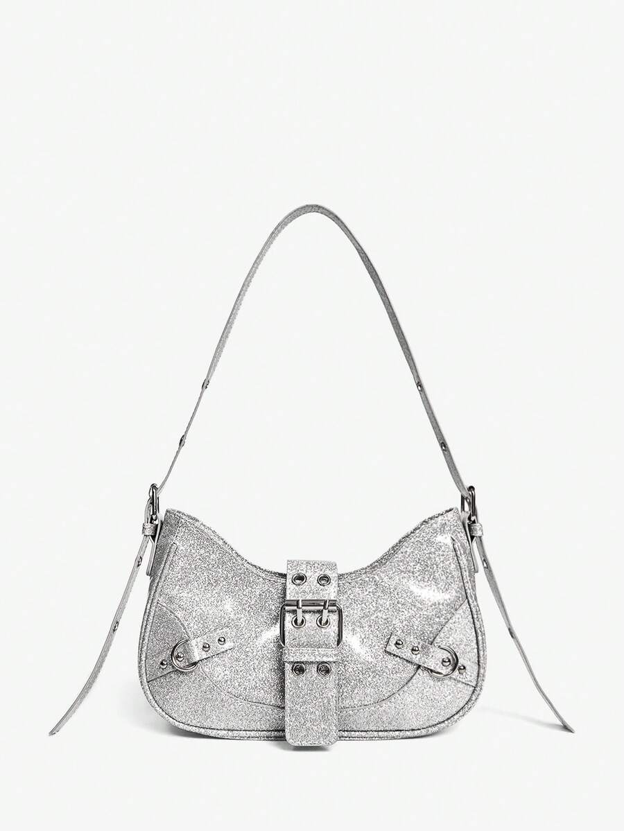 Viva Strut 1 pieza Bolso bandolera con decoración de remaches, estilo punk, ajustable, para mujeres y adolescentes, estilo Y2K - Plata brillante - Ver 1