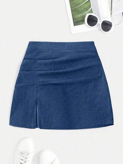 Franclia Plus Size Women Solid Color Split Design Fashion Versatile Date Night Casual Mini Skirt Women's Skirt Corduroy Mini Skirt Dark Blue Skirt Slit Skirt Corduroy Skirt Women's Skirt Skort Skort Curve Shorts Skirt Denim Skort For Women Women's Skorts Women's Skorts