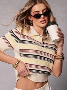 Hauture New Women's Turndown Collar Half-Zip Multi-Color Striped Knit Top - Apricot - View 1