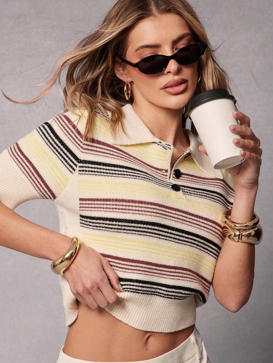 Hauture New Women's Turndown Collar Half-Zip Multi-Color Striped Knit Top - Apricot - View 1