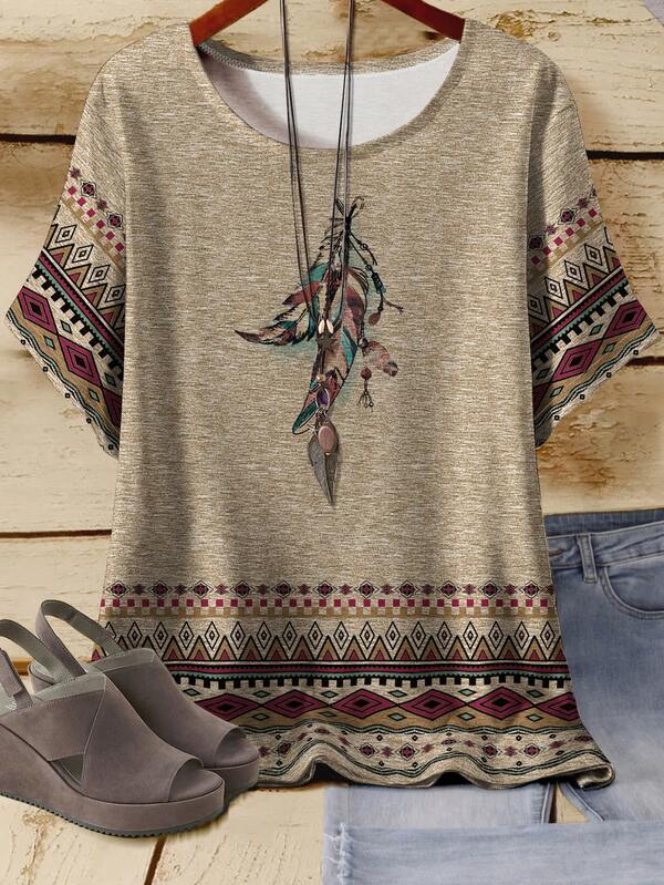 EMERY ROSE 大码女式休闲几何印花T恤，适合夏季，大地色系，棕色，短袖T恤，波西米亚风T恤，大码T恤