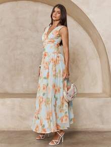 Enchnt 女士优雅印花无袖连衣裙，夏季 - 米色 - 查看 5