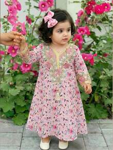Baby Girl Elegant Floral Embroidery Long Sleeve Dress - Multicolor - View 6