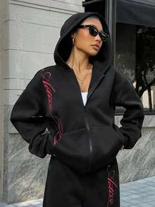 Muchica Women's Letter Print Long Sleeve Zip Front Pocket Sweatshirt - Black - View 5