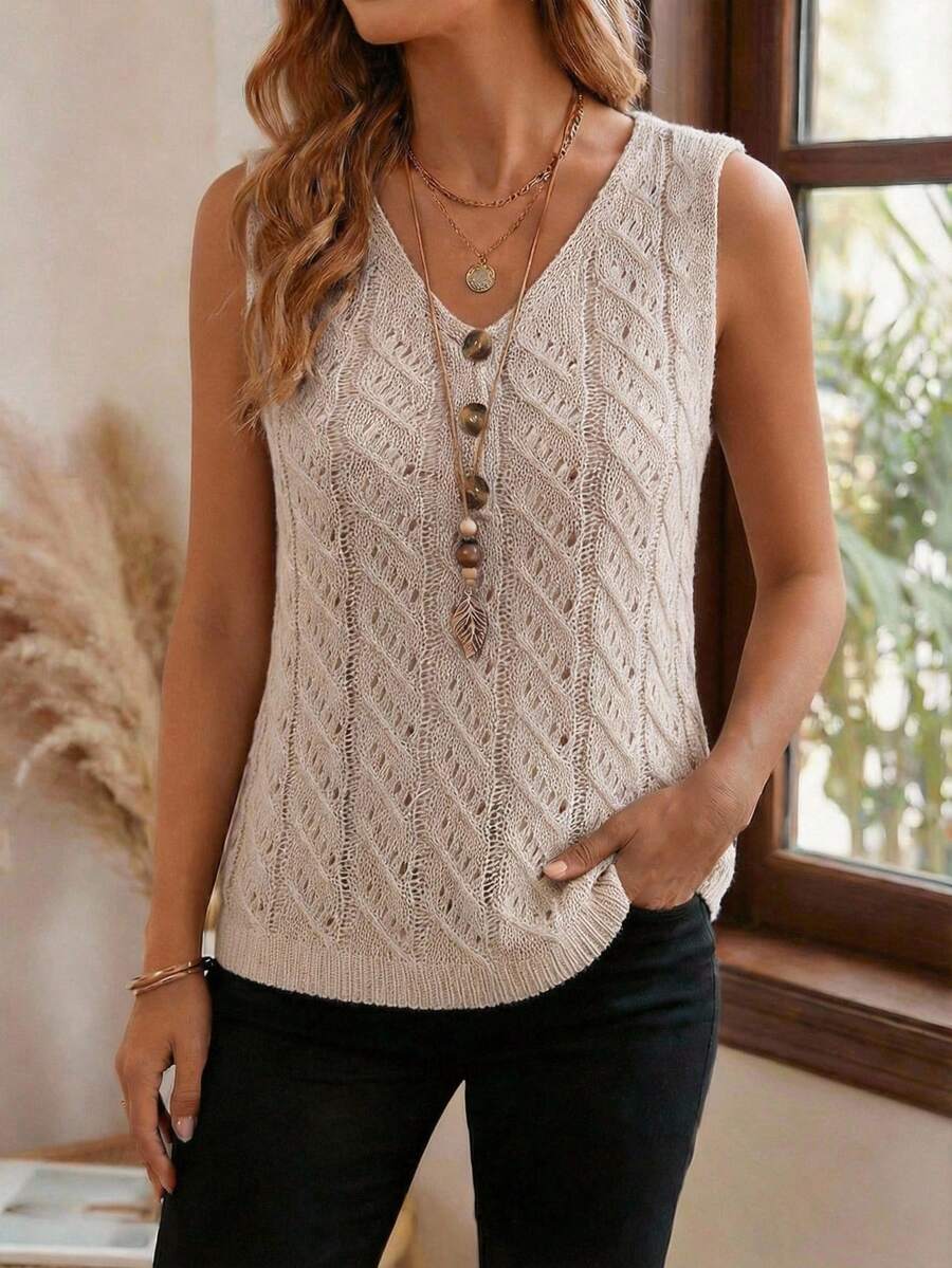 EMERY ROSE Áo len dệt kim dáng suông cổ điển mùa hè, cài nút. - Màu be - Xem 1