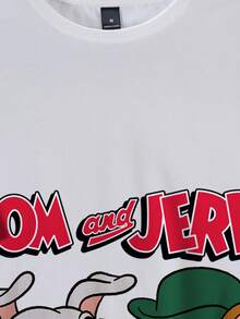 TOM & JERRY X SHEIN 男士休闲街头通勤趣味可爱卡通字母印花短袖T恤，夏季 - 白色 - 查看 4