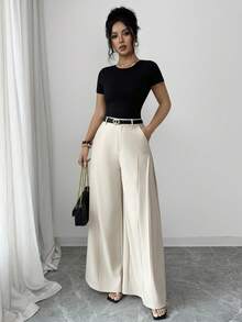 Elenzga Women's Spring/Summer Elegant Pleated Design Straight Leg Trousers With Pockets, Casual Workplace/Romantic/Vacation Wear, Light Khaki - Apricot - View 3