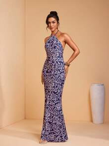 JIAN LASALA 全身印花露背系带露背鱼尾裙摆女士长裙，优雅婚礼派对款式 - 紫色 - 查看 1