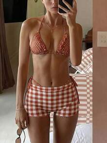 Swim Mod 3pcs Women's Beach Swimsuit Set, Polka Dot Print Triangle Ruffle Bikini Top With Spaghetti Straps, Paired With Plaid Print Swim Shorts - Multicolor - View 5