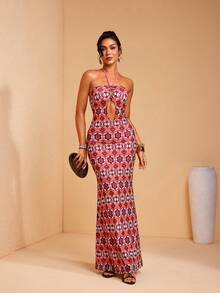 JIAN LASALA Rochie maxi mulată cu imprimeu integral din plasă, decolteu halter, fără mâneci, bustier, decupat, pentru femei - Multicolor - Vizualizare 7