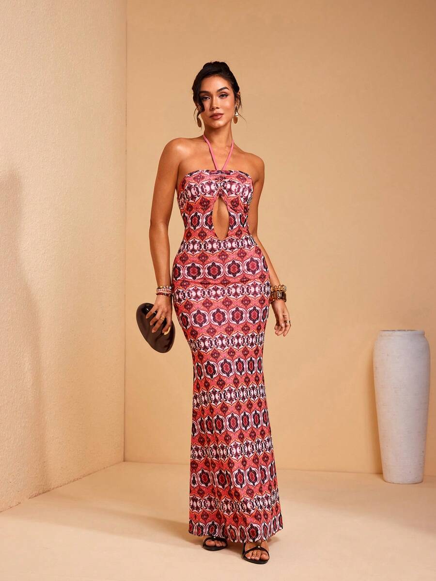 JIAN LASALA All-Over Print Mesh Halter Neck Tie Sleeveless Bustier Cutout Women Bodycon Maxi Dress - Multicolor - View 1