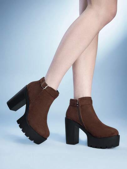 Sugerpunk Women's Thick Sole Buckle Design Casual High Heel Ankle Boots For Daily Wear