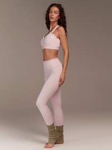 Fluxe 女士瑜伽极简纯色荷叶边交叉露背露脐背心和高腰紧身裤套装，夏季服装，夏季度假服装，情人节服装，情人节，女士休闲服装，女士运动服，粉色健身服，粉色瑜伽服 - 粉色 - 查看 9