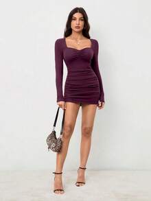 SHEIN Tall 心形领蕾丝边褶皱修身黑色紧身连衣裙 - 紫色 - 查看 6