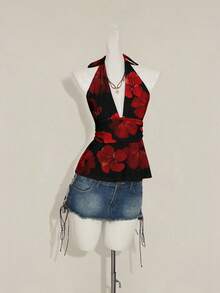 SHEIN ICON 女款休閒掛脖露背背心上衣，花卉印花，適合度假、夏季、海灘穿著、假期、春季女裝，紅色 - 彩色 - 查看 3