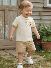 Cozy Pixies 2pcs Baby Boy Cartoon Bear Pattern Polo Collar Short Sleeve Snap Button Top And Elastic Waist Shorts Set Baby Boys Polo Shirt Set Baby Boy Summer Cotton Sets Brown Vintage Baby Boy Clothes Baby Boy Beige Outfit Baby Casual Sets Cotton Clothes Baby Boy Clothes Summer - Apricot - View 9