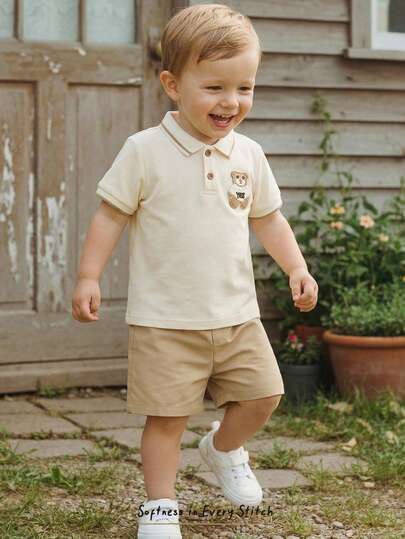 Cozy Pixies 2pcs Baby Boy Cartoon Bear Pattern Polo Collar Short Sleeve Snap Button Top And Elastic Waist Shorts Set