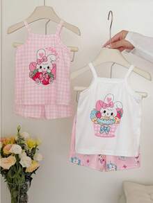 SHEIN Babygirl 4pcs Summer Pink White Cute Night Set,Halter Top & Shorts,Cartoon Rabbit Print Checkered Knitted Fabric,Loose Fit Sweet Style For Picnic - Multicolor - View 4