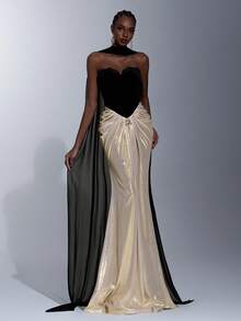 Elitara Elegant, Luxurious, Fashionable, Sexy Black And White Contrast, Velvet Fabric, Coated Fabric, Strapless, Waist Metal Decor Buckle, Fishtail Skirt, Trailing, (Detachable Halter Flounce) Suitable For Vacation, Wedding, Bachelorette Party, Formal Ball Gown, Formal Dinner Dress - Black and White - View 5