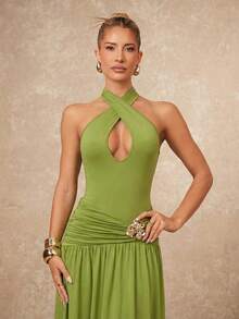 Lumalex 女士纯色交叉镂空褶皱性感吊带连衣裙 - 綠色 - 查看 6