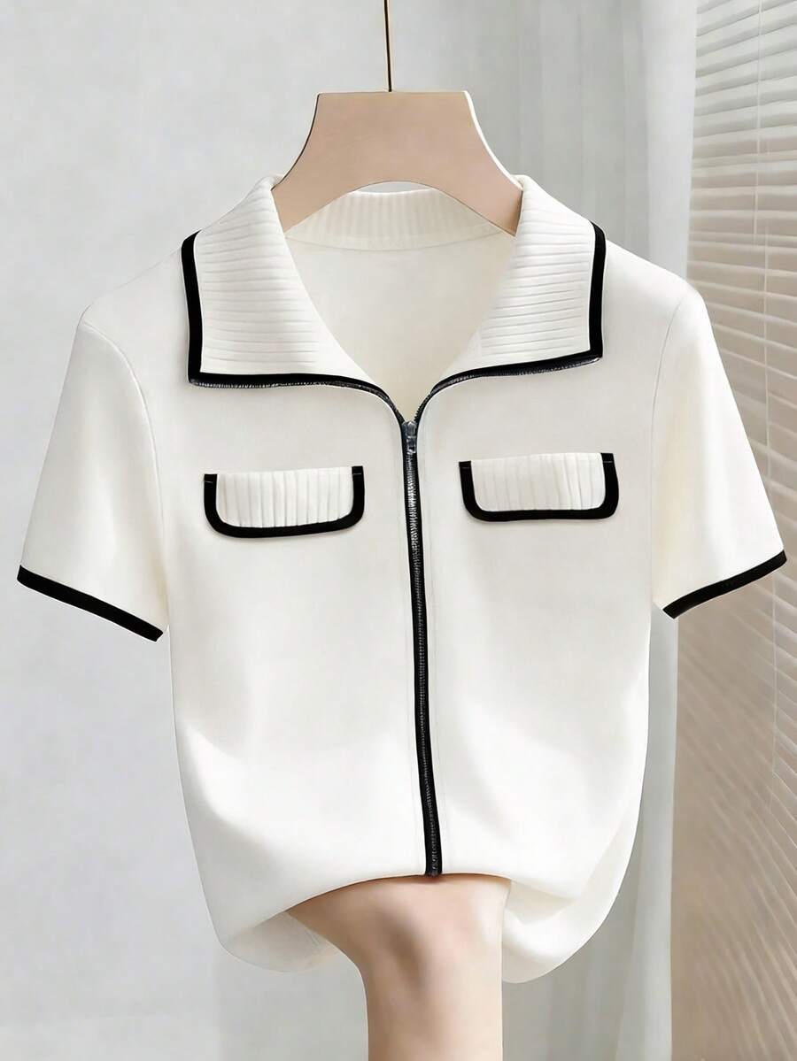 SHEIN Franclia 女士时尚优雅拼接拉链短袖T恤 - 黑與白 - 查看 1