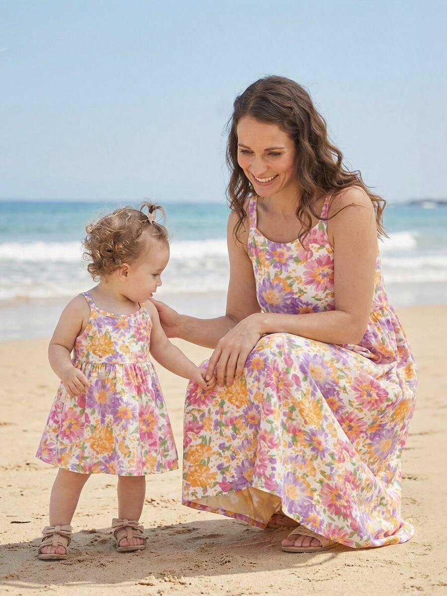 1pc Baby Girl 6 Months - 2-3 Years Old Ditsy Floral Colorful Flower Pattern Sleeveless Contrast Color Dress, Lightweight Fabric, Fresh Style Sundress, Suitable For Spring/Summer Outings - Multicolor - View 1