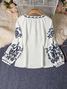 EMERY ROSE Women's Casual Vacation Style Floral Print Tassel Tie Neck Lantern Sleeve Loose Blouse, Spring/Autumn - White - View 2