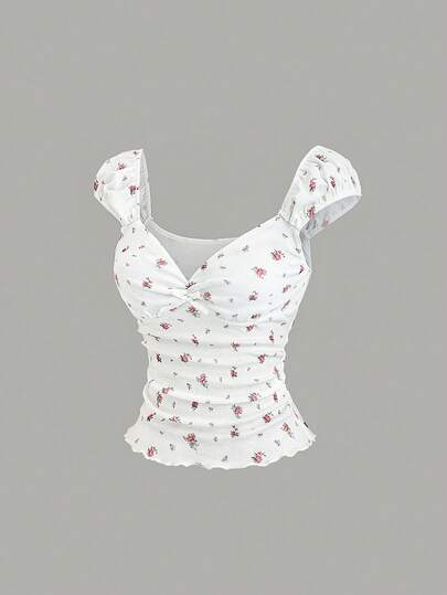 Sweetra Nuevo disfraz de Halloween para mujer, conjunto de Navidad, conjunto de Acción de Gracias, conjunto de Año Nuevo, adecuado para fiesta, viaje, diario, verano. Blusa blanca con estampado gráfico, cintura ajustada con pliegues, decoración de lazo, manga abullonada con capucha, cuello de corazón, manga corta, camiseta de punto